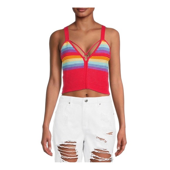 Madden Nyc Tops - Madden NYC Womens Rainbow Crochet Knit Crop Top‎ Red Heart Ring XL